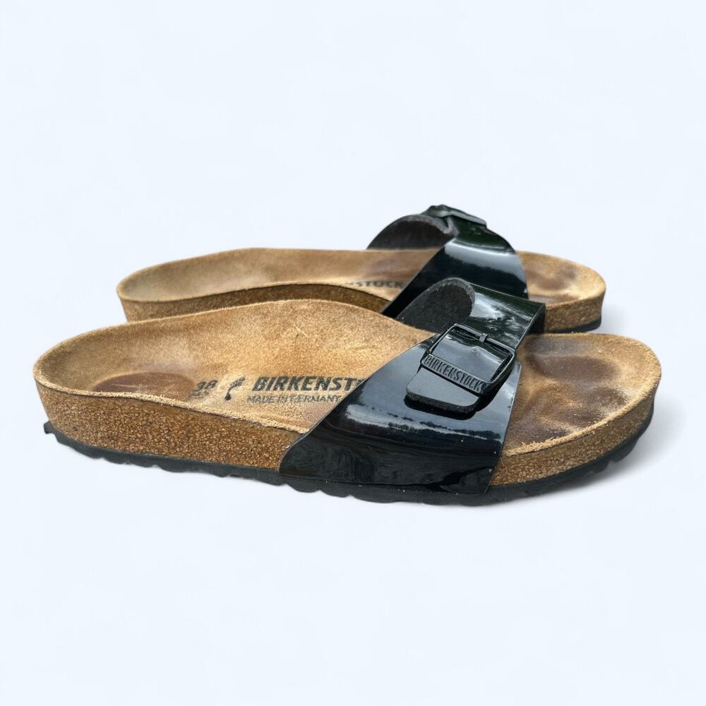 Women's Birkenstock Madrid Black Patent Leather Slide Sandals size 38 Narrow
